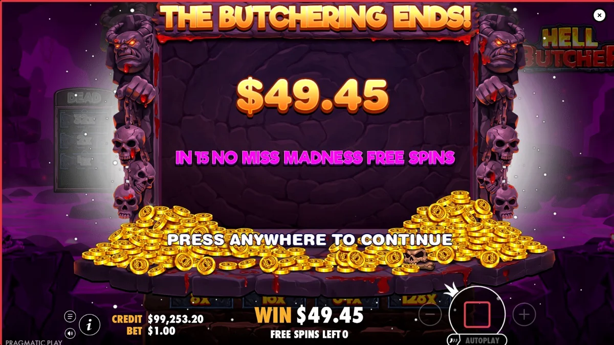 Tampilan layar permainan slot Hell Butcher dengan simbol-simbol horor dan pengganda di bawah grid.