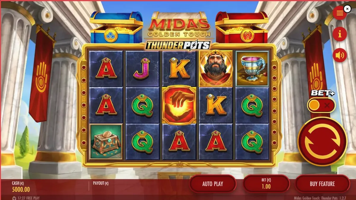 Tampilan visual slot Midas Golden Touch: Thunder Pots dengan tema mitologi emas